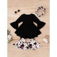 thumbnail image 4 of Kiapeise Toddler Kids Girls 3 Pieces Outfit Irregular Hem Long Sleeve Tops + Print Flare Pants + Neckerchief Set, 4 of 8