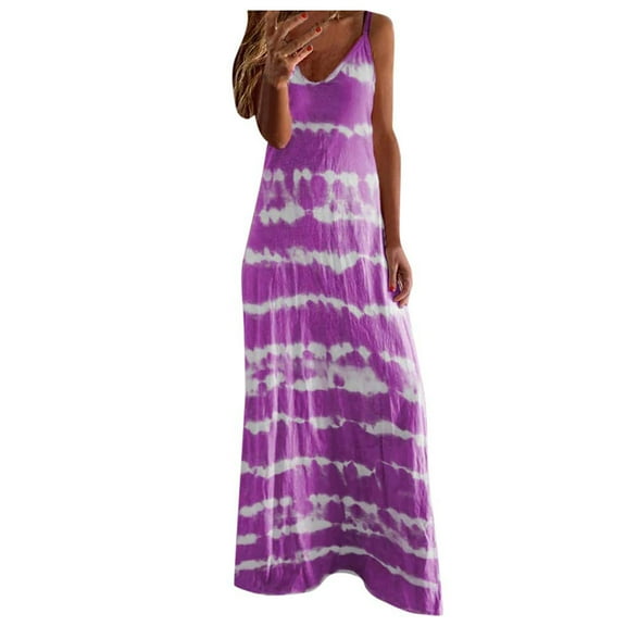 Summer Saving Wycnly Summer Dresses for Women Beach Bohemian Spaghetti Strap Plus Size Long Dresses Sleeveless V-Neck Striped Print Maxi Sun Dress Purple XXXXL Up to 65% off