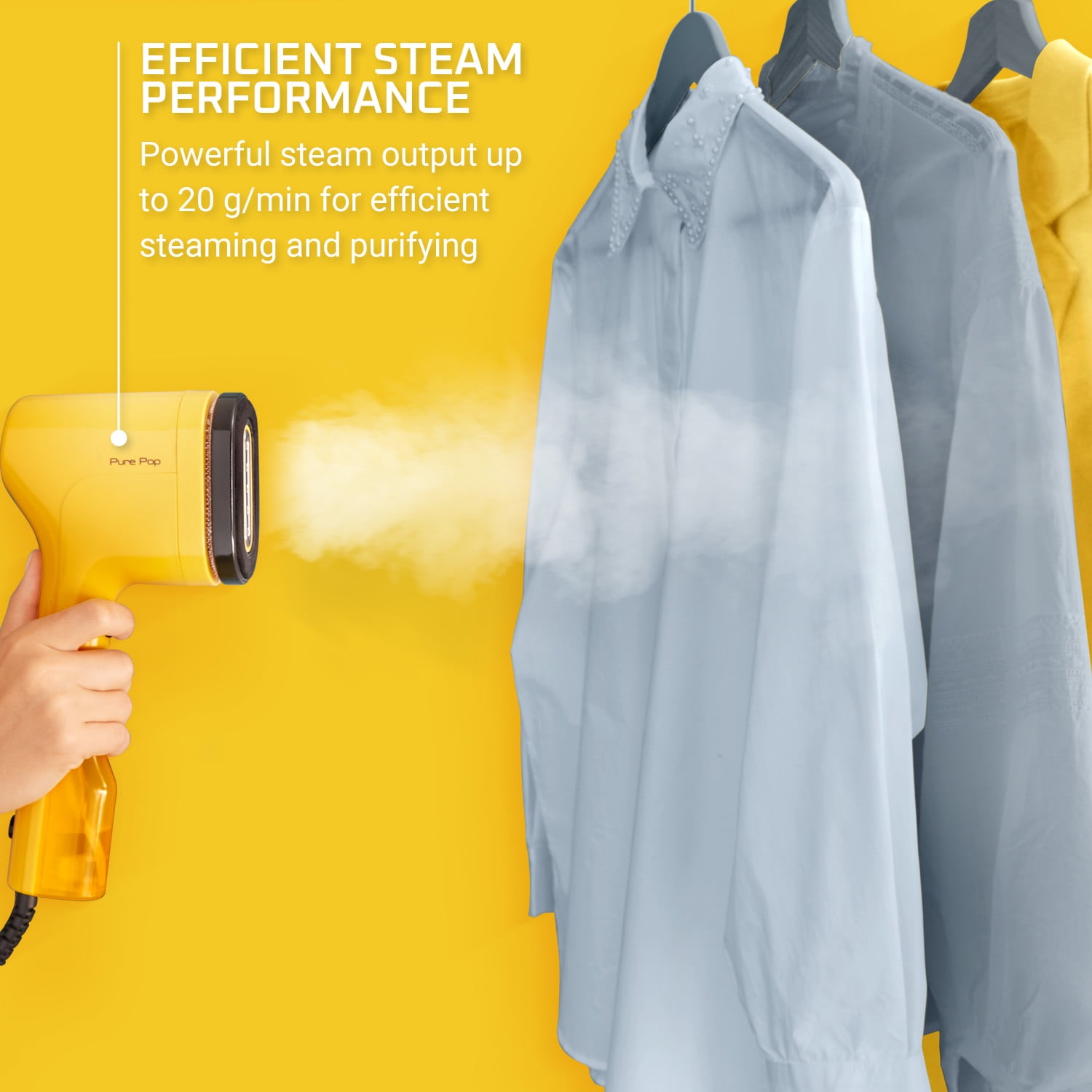 Rowenta PurePop Handheld Steamer for Clothes, 15 Second Heat Up, Travel, Garment Steamer, Yellow, DR2026U1