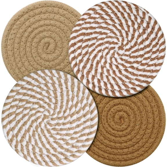 Kaya 4.8 Inch Drink Coasters Set of 4, Absorbent Cotton Fabric Woven Coasters for Drinks, Handmade Minimalist Cup Coasters for Coffee Table Desk Home Kitchen Decor, Colorful Khaki