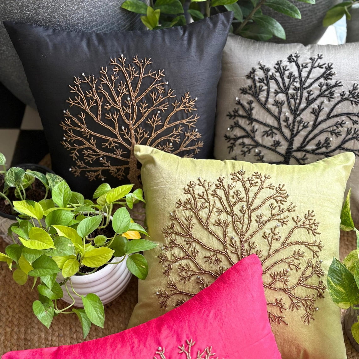 Euro Pillow, Decorative Green Euro Pillowcases 26x26 inch (65x65 cm), Silk Euro Pillow Covers, Nature & Floral, Beaded Tree, Modern Euro Sham Covers - Tree Of Life