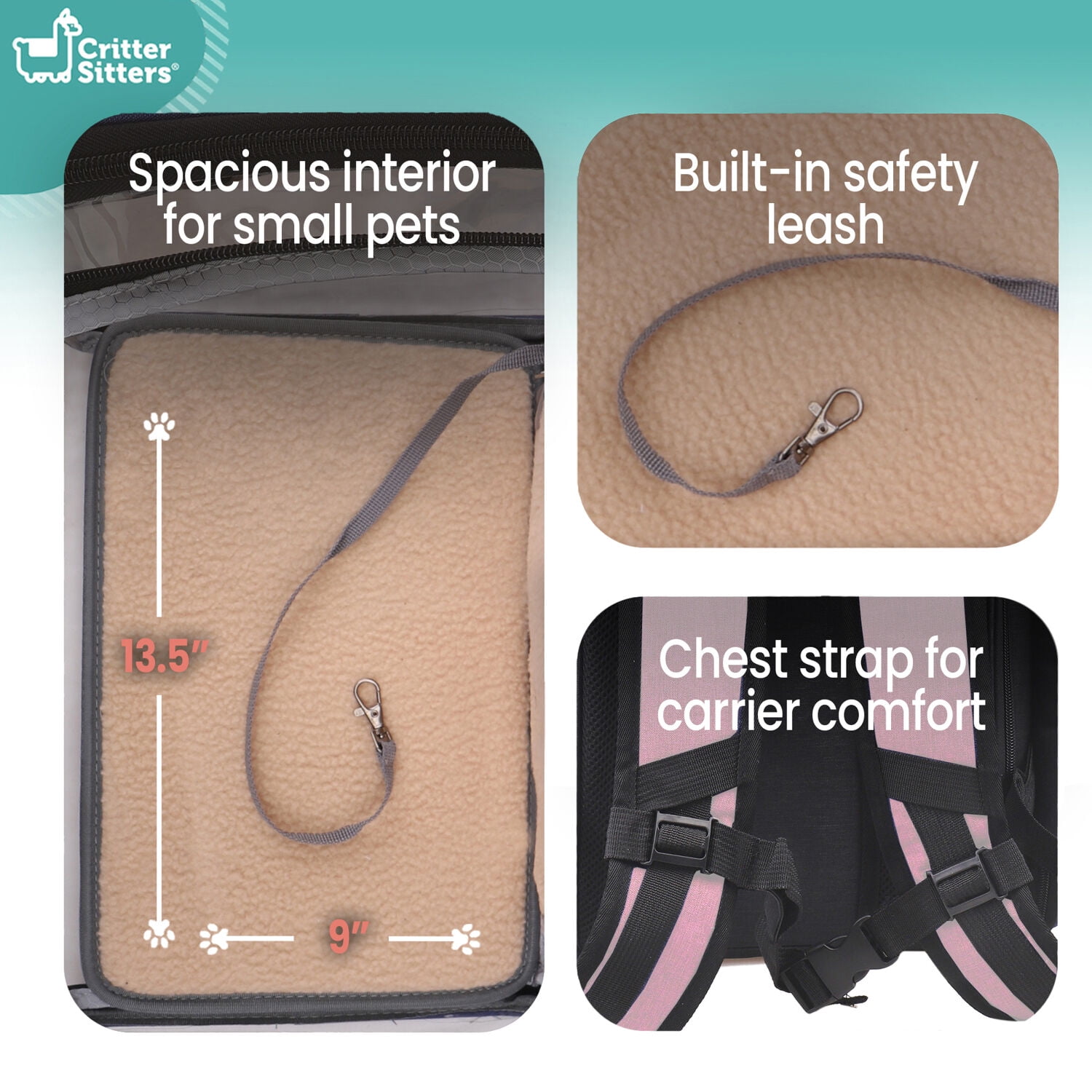 Critter Sitters Light Pink See-Through Pet Backpack for Small Dogs, Cats with Scratch Resistant Breathable Mesh Window | Airline Carry-On Approved | Safety Leash | Durable Transporation for Animals