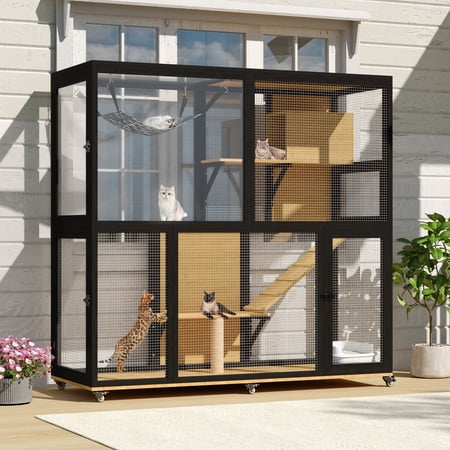 Magic Union 4-Tier Large Wooden Catio on Wheels, Mobile Outdoor Cat Enclosure Cage for Multiple Cats, Cat Patio with Waterproof Sunshine Roof, 4 Access Doors, Resting Box & Cat Hammock