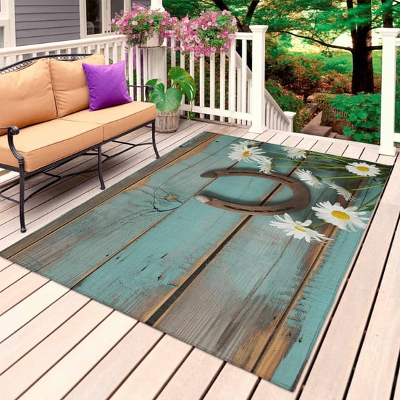 Daisy Flower Outdoor Rug 3x5 Ft, Non Slip Washable Area Rug, Vintage Horseshoes Farmhouse Wooden Grain Teal Patio Rugs Carpet Runner, Large Floor Mat for Indoor/Outdoor Deck Porch Camping