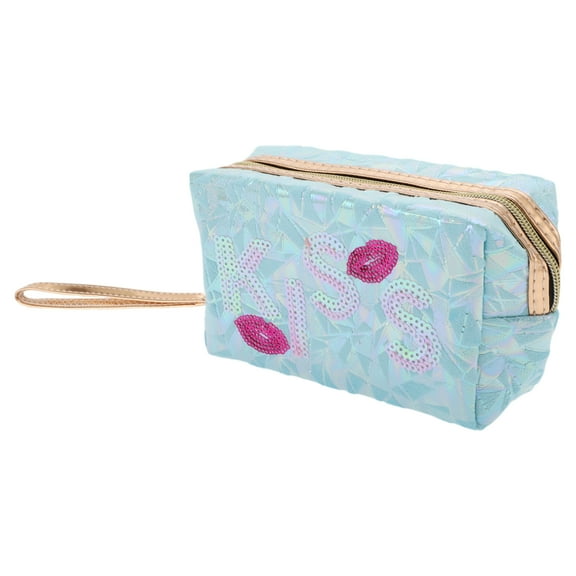 Unique Bargains 1 Pc Women Portable Shiny Lips Kiss Makeup Bag for Travel Vacation Wedding Blue PU Sequin Fabric