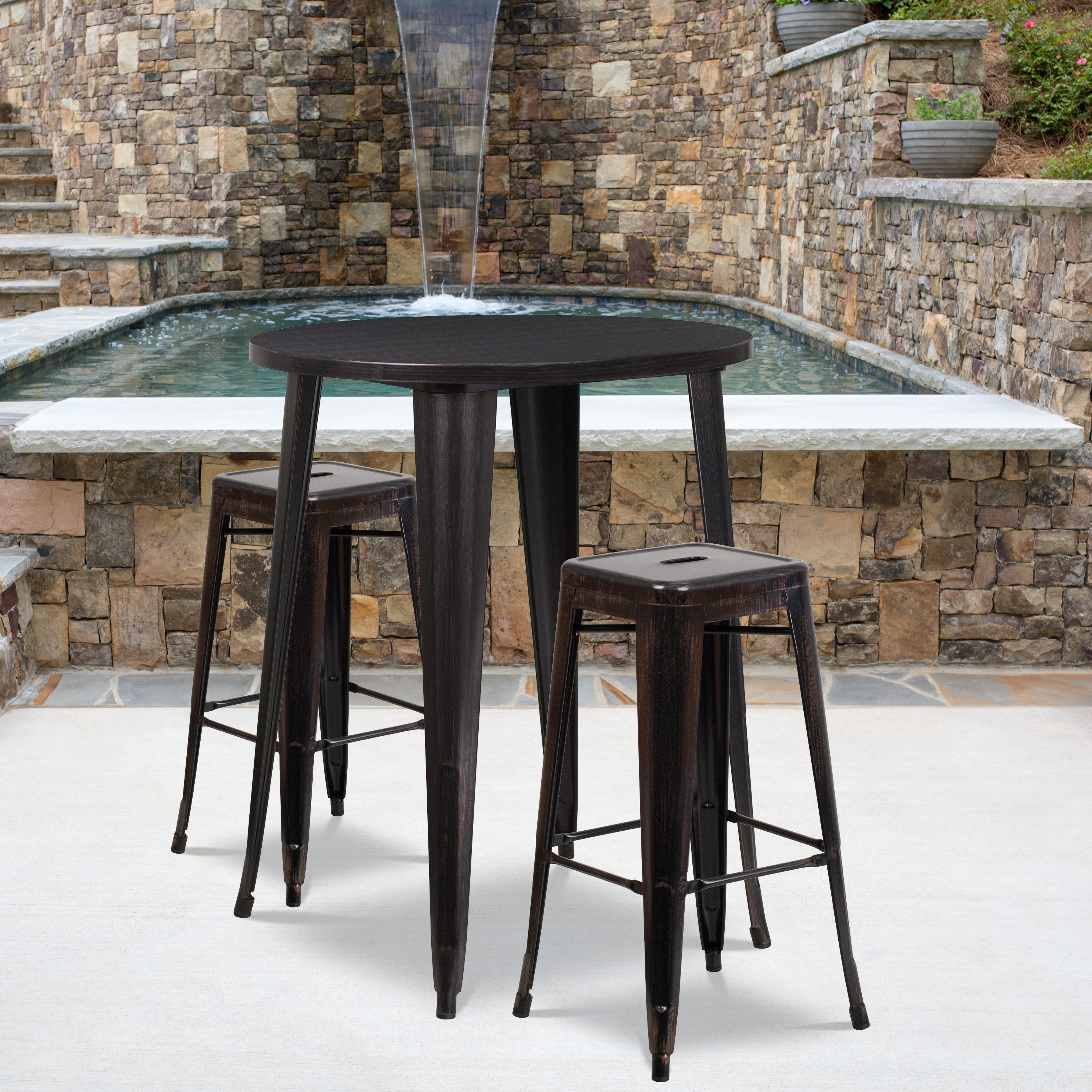Flash Furniture Boyd Commercial Grade 30" Round Black-Antique Gold Metal Indoor-Outdoor Bar Table Set with 2 Square Seat Backless Stools - image 2 of 5