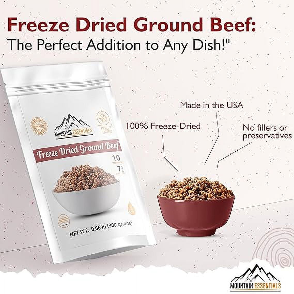 Mountain Essentials Freeze-Dried Ground Beef – Pre-Cooked Ready-to-Eat Hamburger Meat for Meal Prep, Camping, Emergency Food – 10 Servings per Pouch – Pack of 12