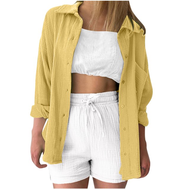 Yuyuzo Button down Shirts for Women Long Sleeve Collared Casual Loose Textured Oversized Blouses