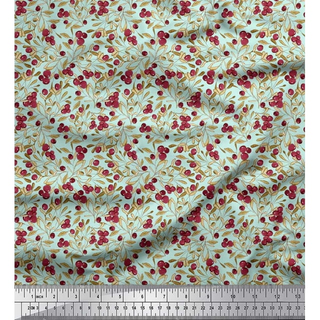 Soimoi Satin Silk Fabric Leaves & Berries Fruits Print Fabric by The Yard 42 Inch Wide