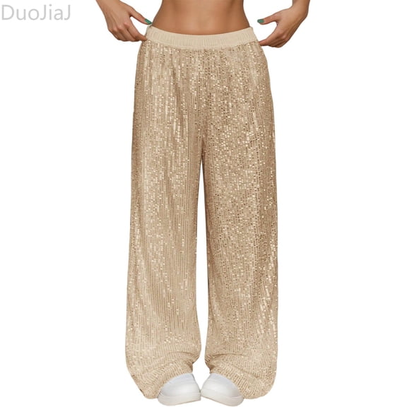 DuoJiaJ Women's Sequin Sparkle Pants Elastic Waist Wide Leg Party Club Trousers Beige L