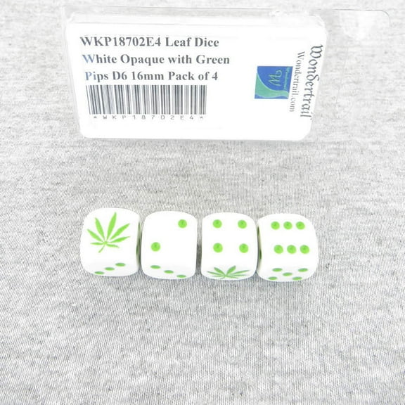 Leaf Dice White Opaque with Green Pips D6 16mm (5/8in) Pack of 4 Wondertrail