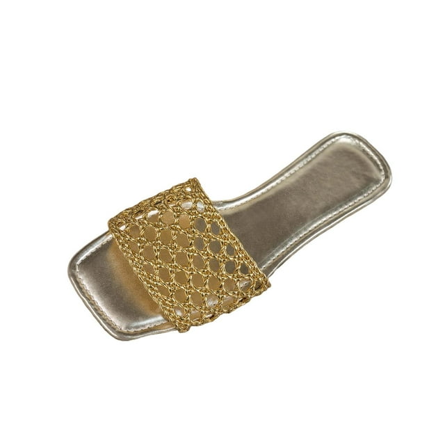 FRSASU Women’s Mesh Slide Sandals, Open Toe Slip-On Flat Slippers, Breathable Square Toe Summer Slides for Casual Wear Gold
