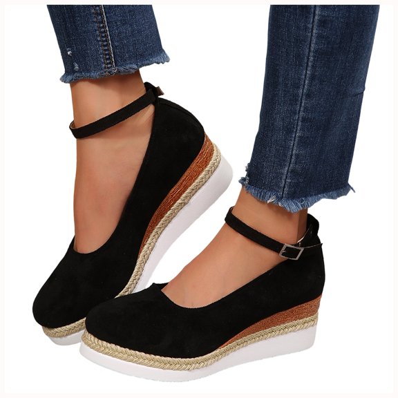 Rokment Women's Platform Wedge Dress Shoes Beach Vacation Stylish Casual Suede Ankle Strap Espadrilles Chunky Heeled Closed Toe Dressy Sandals Black Size 6.5