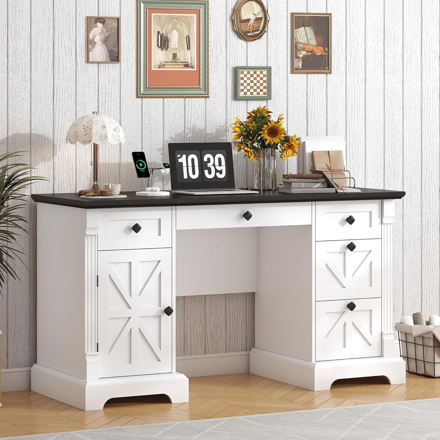 Winkalon 55'' Farmhouse Desk Home Office with Drawers, Executive Computer Desk Wooden with File Cabinet and Charging Station, White