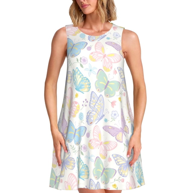 Fotbe Colorful Butterfly Vestido de Verano sin Mangas para Mujer – Vestido Midi Línea A, Estilo Camiseta Floral, Vestido Playero Casual y Fluido