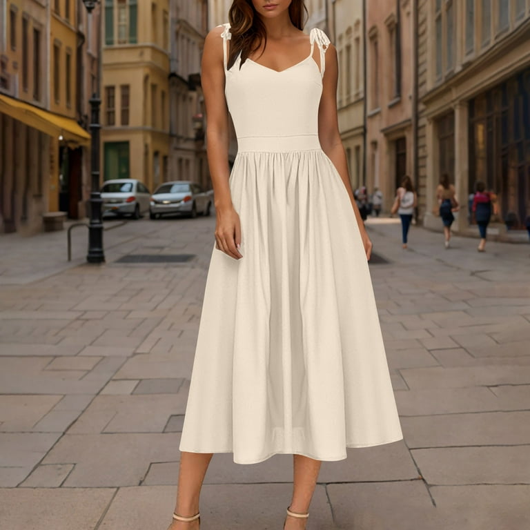 BiZtdJrK Wedding Guest Dresses for Women Tie Strap Backless Sleeveless  Summer Midi Dress Boho Beach Vacation Sundresses Flowy Cotton Linen Dress  Birthday Gift Beige L - Walmart.com