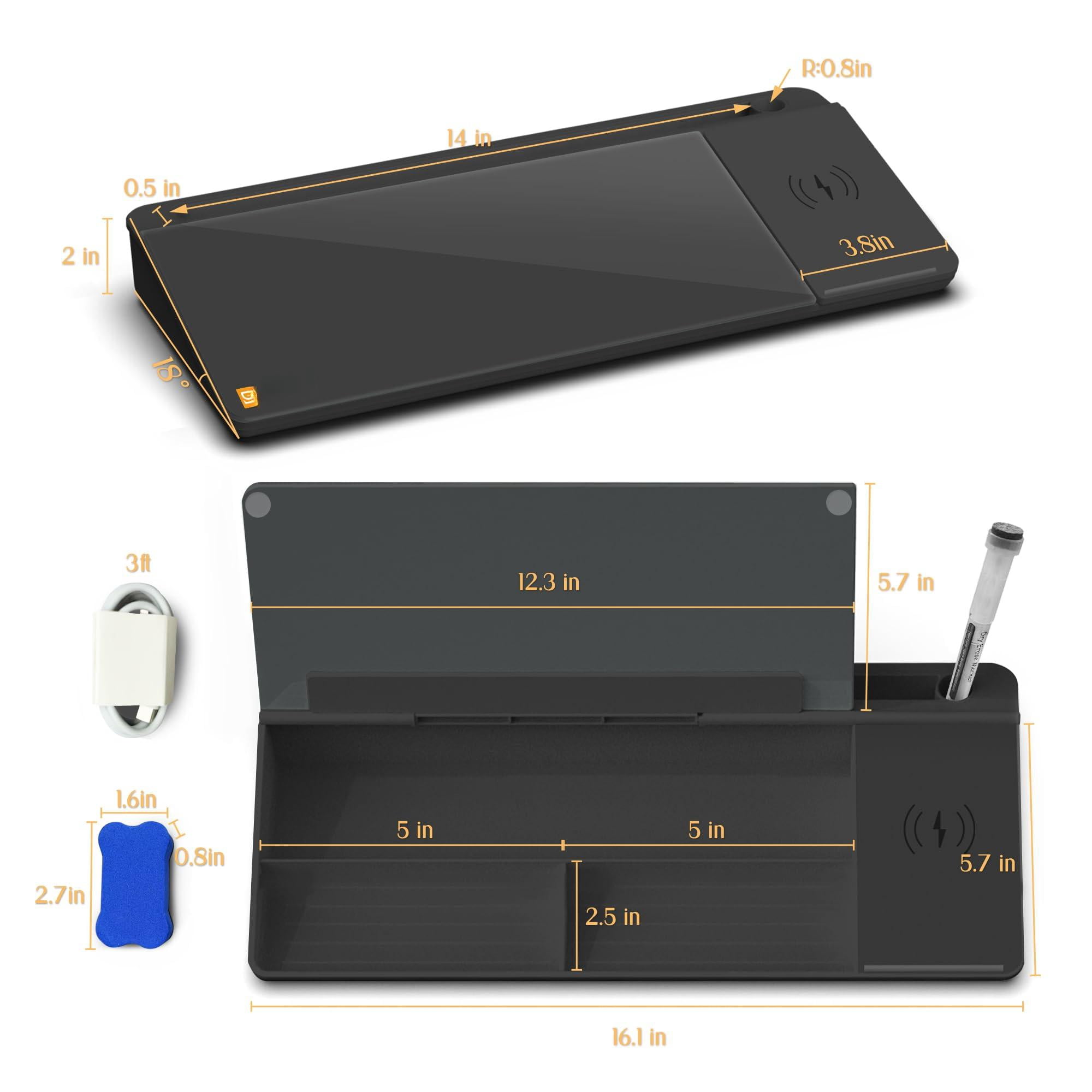 Desktop Glass Whiteboard With Wireless Station  Dry Erase Board Computer Pad Stand Organizer For Home School Office Desk Accessories Black