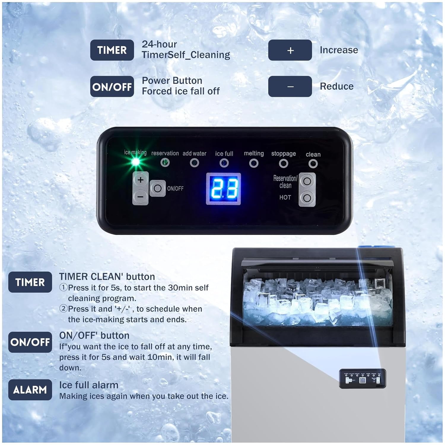 Commercial Ice Maker Machine - 120lbs/24H, 33lbs Storage, Stainless Steel Under Counter, Self Cleaning, Water Filter & Scoops - Ideal for Home, Office, Restaurant, Bar