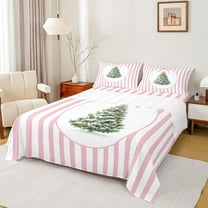 Homewish Cartoon Christmas Tree Queen Sheet Sets, Pink Fashion Stripes Flat Sheet, Teens Kids Girls Women Queen Fitted Sheet, Super Cozy Room Decor, 4-Piece