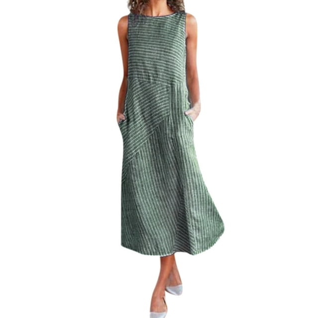 CHUANK Robes en Lin pour Femmes Sans Manches Col Rond Robe Débardeur Été Ample Décontractée Midi avec Poches