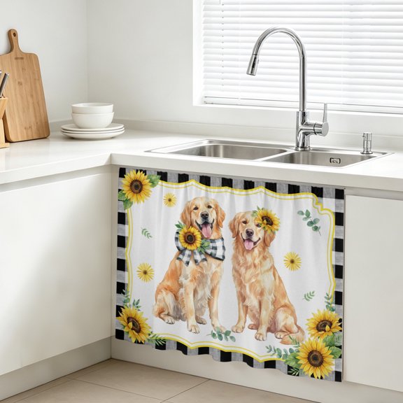 Cute Dag Cabinet Curtains for Kitchen 28"W x 35"L, Yellow Sunflower Daisy Black Plaid Summer Field Farmhouse Sink Skirt Magic Tape Short Curtain Decorative Privacy Panel for Bathroom Laundry