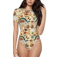 thumbnail image 1 of Saiise Style Hippie des Années 70 Motif Combinaison à Manches Courtes pour Femmes Pyjama à Col Rond Justaucorps Extensible avec Fermeture à Pression-Grand, 1 of 7