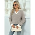 thumbnail image 5 of Women'S V Neck Sweaters Pullover Color Block Collar Long Sleeves Loose Fit Casaul Tunic Tops Shirts Khaki M, 5 of 8