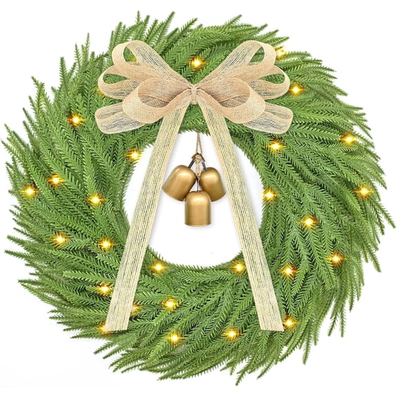 24" Christmas Norfolk Pine Wreath with Lights Real Touch Outdoor Christmas Wreaths Christmas Wreaths for Front Door Indoor Xmas Thanksgiving Vintage Bell Elegant Bow Decorations