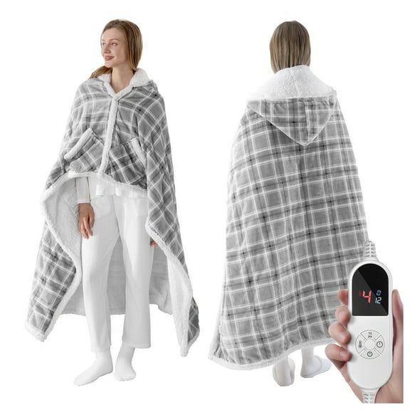 ELEKA Wearable Heated Blanket with Pocket,Electric Blanket with Hoodie,6 Heating Levels,12 Hours Heating Time Settings,Gray Plaid,50"x60"