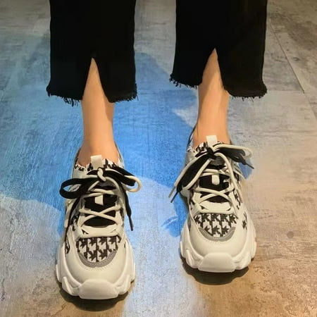 

Women‘s Knit & Faux Leather Patchwork Chunky Sneakers Casual Lace Up Running Shoes Women‘s Footwear