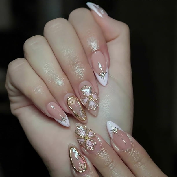 24pcs Almond Shaped Press On Nail French Tip with Flower and Gold Stripe Design Acrylic Artificial Nail for Women