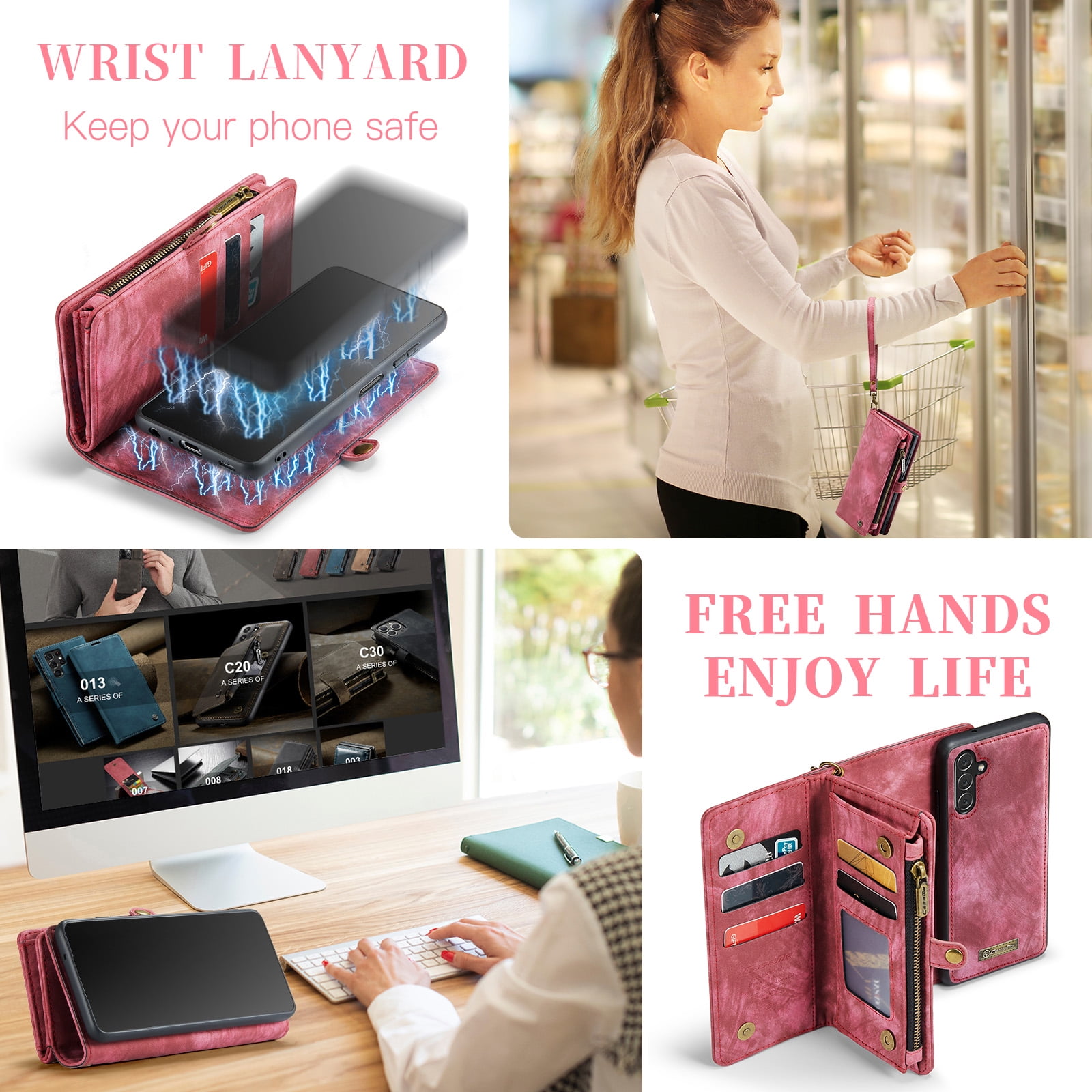 Feishell Durable 2- In-1 Magnetic Detachable Wallet Case for Samsung Galaxy A13 5G,for Women Men,Premium PU Leather Zipper Pocket Flip Multi Card Slots Purse Phone Case with Wrist Strap,Red
