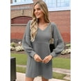 thumbnail image 6 of Women'S V-Neck Puff Sleeve Knitted Sweater Dress Autumn and Winter Casual Knitted Pullover Long Sleeve Dress Grey L, 6 of 9