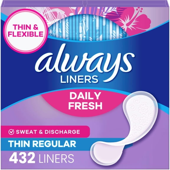 Daily Fresh Thin Liners, Regular Absorbency, Unscented Panty Liners, 432 Count (2 Packs of 216)