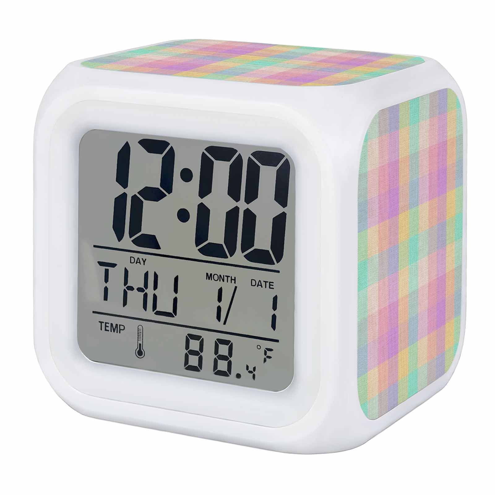 Alarm Clocks Colorful Buffalo Plaid Digital Clock 7 Color LED Night Light Silent Non-Ticking Battery Operated Linen Classic Checked Cube Clocks for Bedroom Bedside Living Room Office School