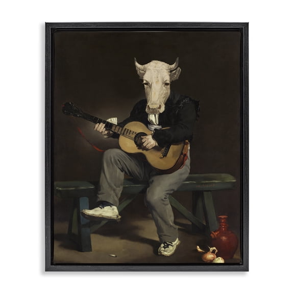Stupell Industries Cow Playing Guitar Novelty & Humor Painting Black Floater Framed Canvas Art Print Wall Art, 17 x 21