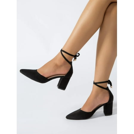 

Suedette Tie Leg Design Chunky Heeled Ankle Strap Pumps Women‘s Footwear