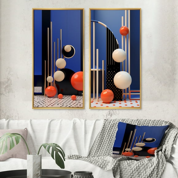 Designart "Calder's Tribute Geometric Simplicity II" Modern Geometric Framed Wall Art Set Of 2 - Modern Blue Framed Wall Art Set Of 2