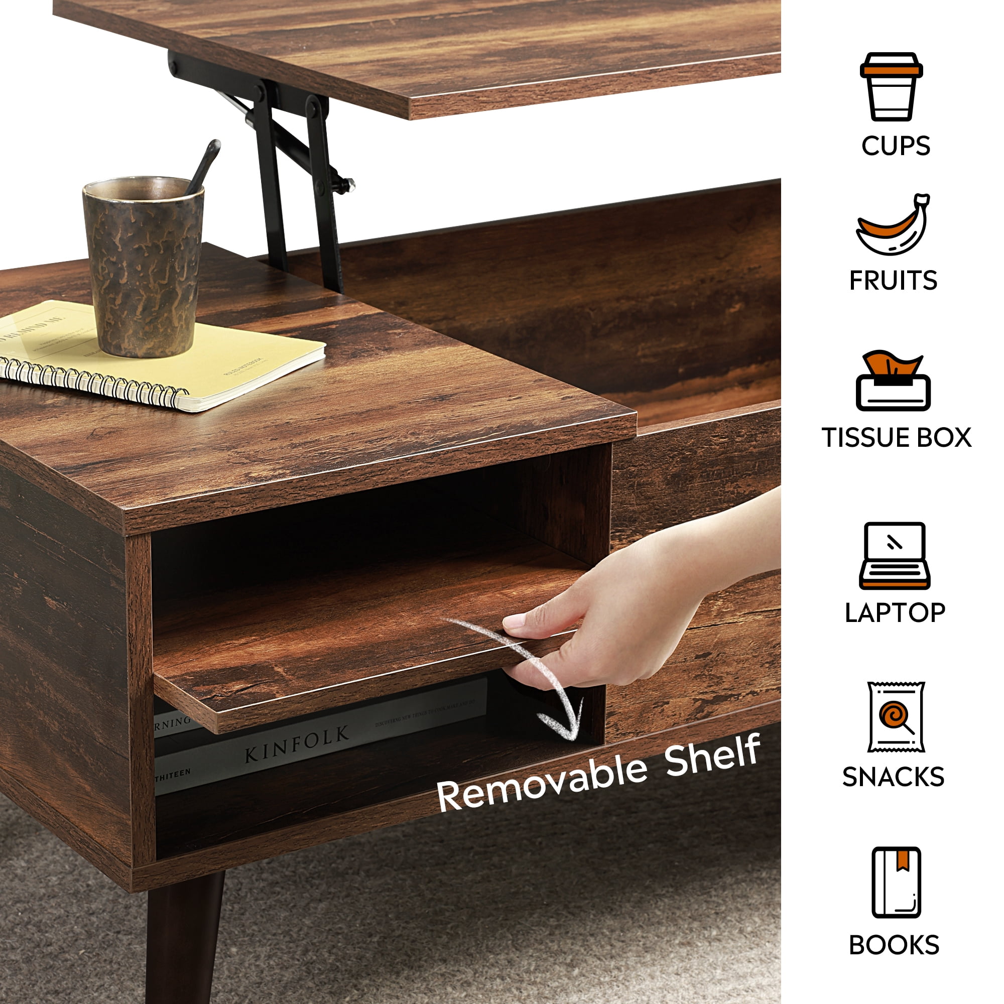 GALAXHERO Coffee Table with Removable Storage Shelves Lift Top Small Coffee Table for Living Room Rustic Brown