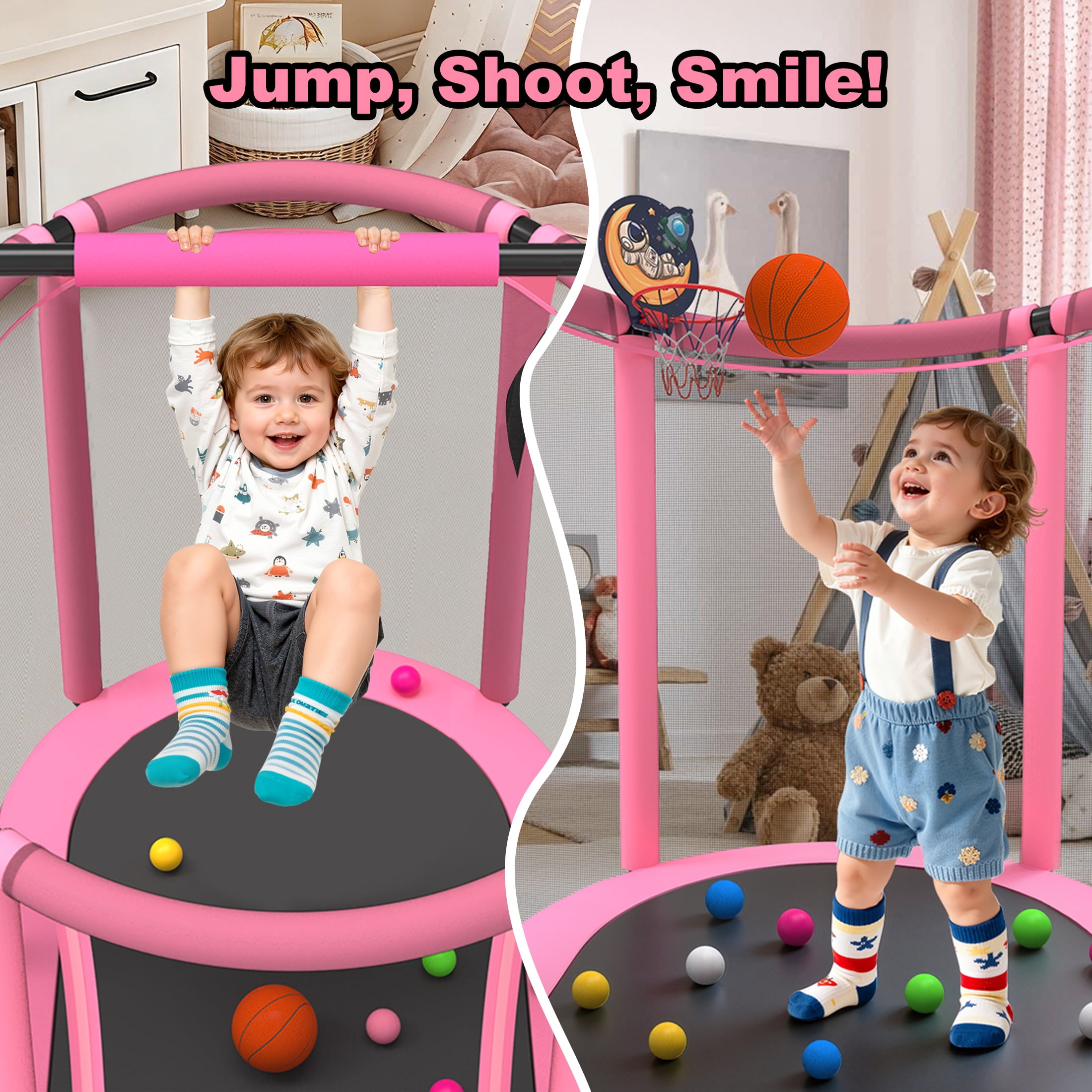 60" Toddler Trampoline with Enclosure Net, Kids Trampoline with Basketball Hoop, SHINPT Indoor Trampoline for Kids, Small Trampoline with Ocean Balls, Mini Trampoline with Rings, Gift for Boys Girls