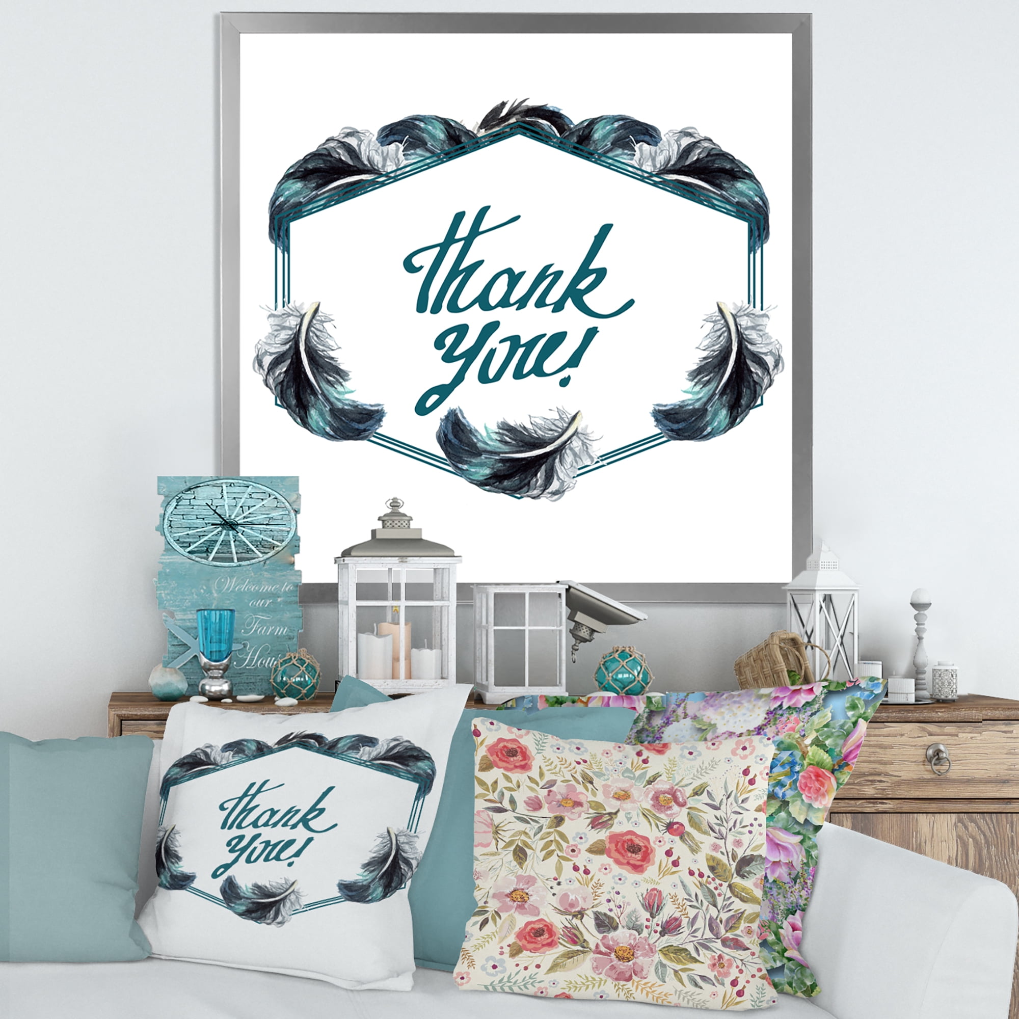 Designart 'Black Boho Art Feathers Thank You' Bohemian & Eclectic Framed Art Print