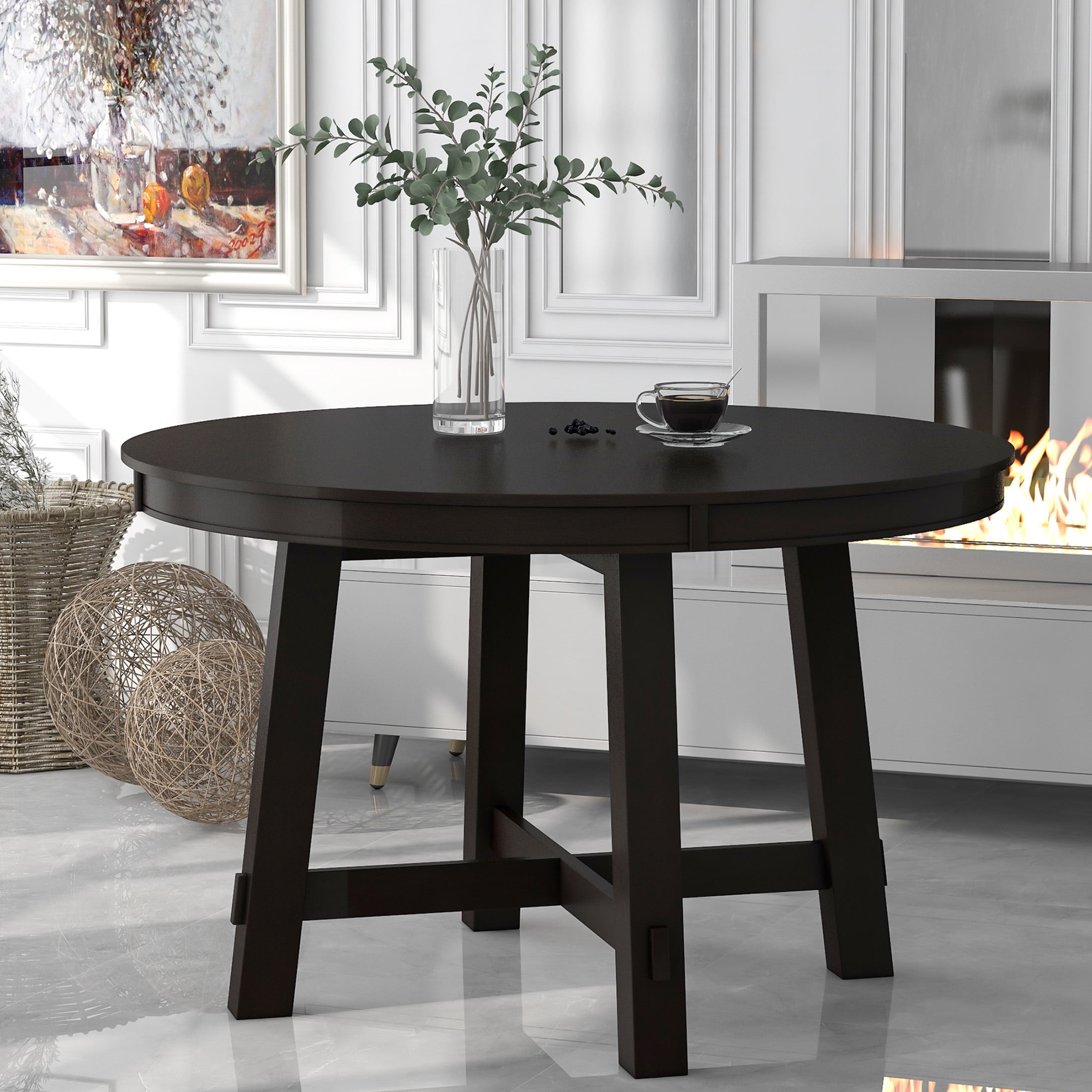 Aukfa Dining Table for 4-6, 42"-58" Extendable Round Kitchen Table with 16" Rustic Drop Leaf for Dining Room/Living Room, Espresso