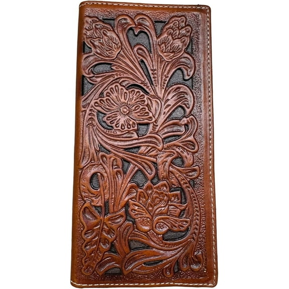 Western Stakes Leather Long Wallet Classic Floral Cutout Soft Leather Checkbook Style Cowboy Hand Crafted High End Mens Wallets Leather Rodeo Bi Fold Tooled Leather Gifts For Men (Coffee & Coffee)