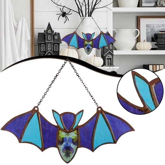 Halloween Bat Window Hanging Acrylic Wall Art Decoration, Colorful Bat Suncatcher Ornament, Festival Hanging Sign Props for Home Window, Wall, Door, Indoor Outdoor Halloween Party Decor, 1PC Blue