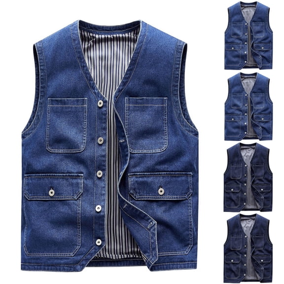 Purcolt Men's Big and Tall Denim Vests Button Up Sleeveless Stretchy Jean Jacket Outdoor Fishing Work Utility Vest Outerwear Vest with 4 Pockets