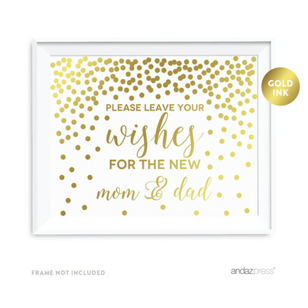 Metallic Gold Confetti Polka Dots 8.5x11-inch Party Sign, Please Leave Your Wishes for the New Mom & Dad Sign, (Best Wishes In Your New Home)