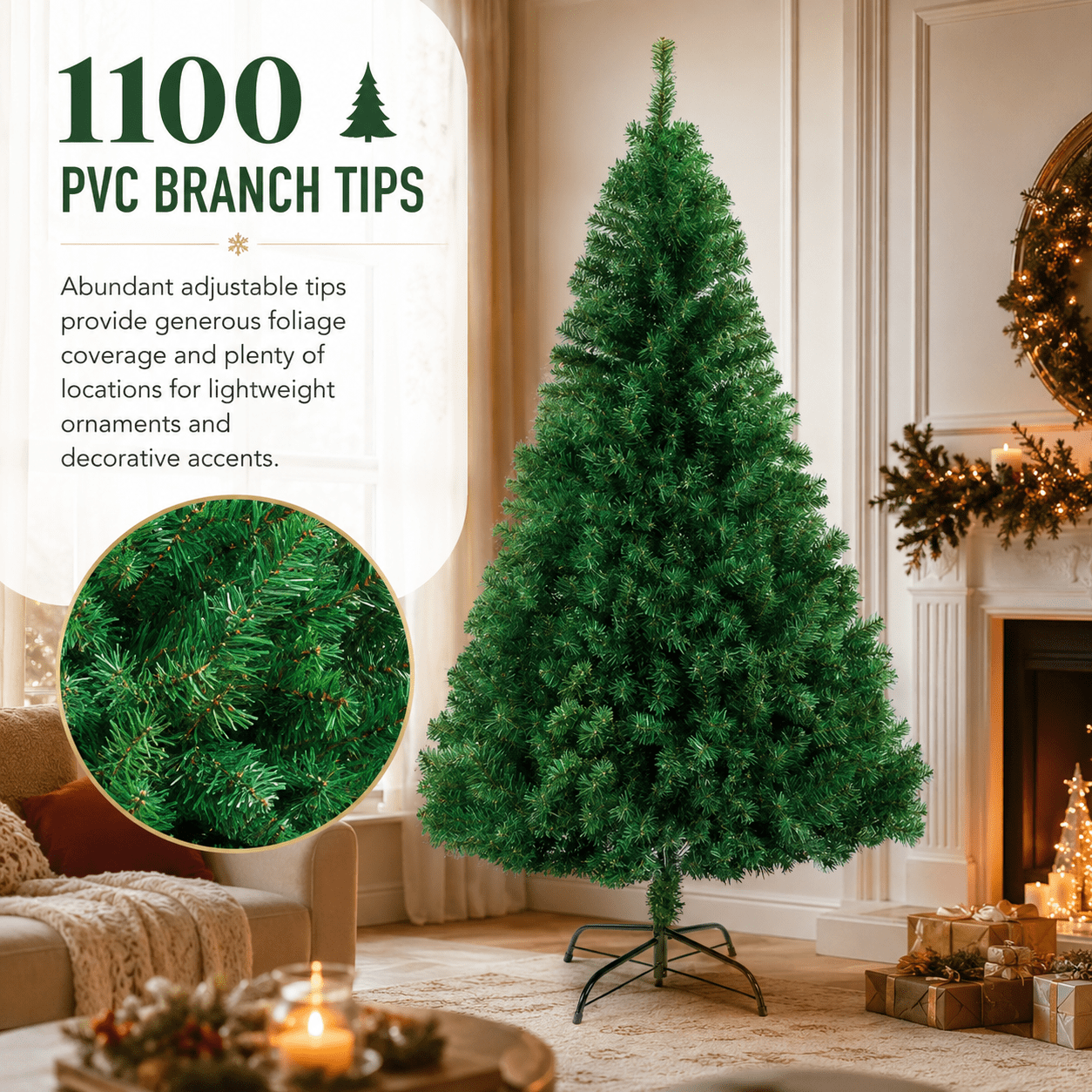 Alvantor 7 ft Unlit Artificial Christmas Tree with 1100 PVC Branch Tips and 3-Screw Metal Stand, Green
