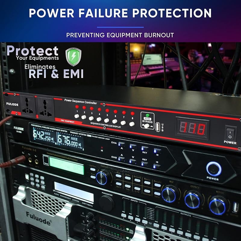 FULODE 2000W 10 Socket Sequential Rack Professional Audio Power Conditioning ，Digital Voltmeter, USB, Surge Protector for Home Theater Stage/Studio (FL-1000).