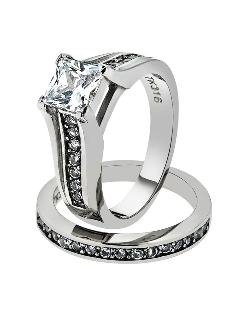 9 WOMEN'S STAINLESS STEEL 3 CARAT PRINCESS CUT AAA CZ ENGAGEMENT RING SIZE 7