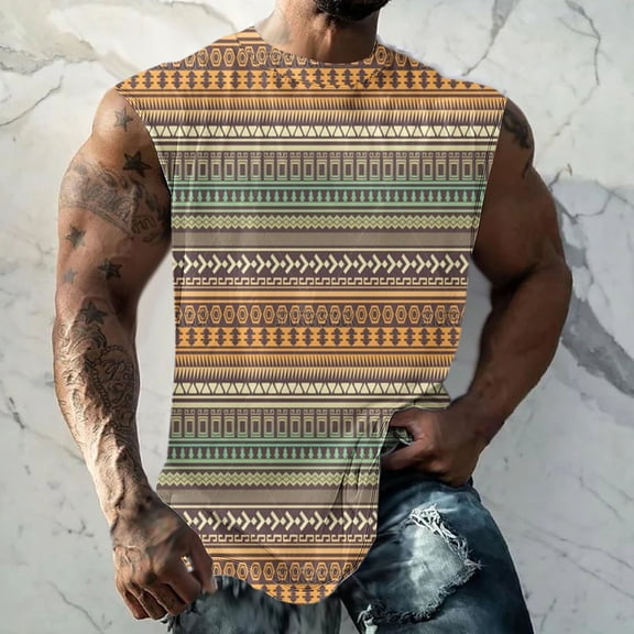 Njagoc3 Mens Tribal Striped Tank Top, Sleeveless, Quick - Dry for Summer Beach Vacations & Poolside Lounging